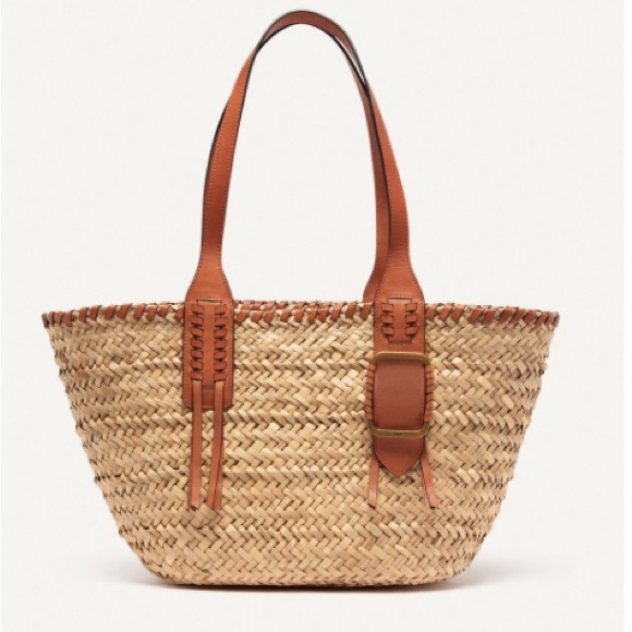 ba&sh Handbags - ba&sh Natural Straw Tote with Brown Leather Details